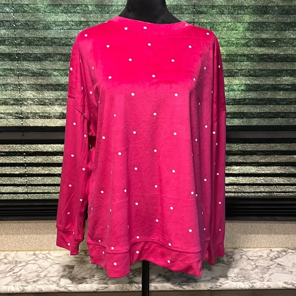 Joyspun Women’s Pink w White Polka Dot Long Sleeve Fleece Top Large NWT